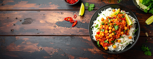 Myanmar Nan Gyi Thoke Spicy Noodle Salad with Chickpea Flour with copy space. Southeast Asian Street Food