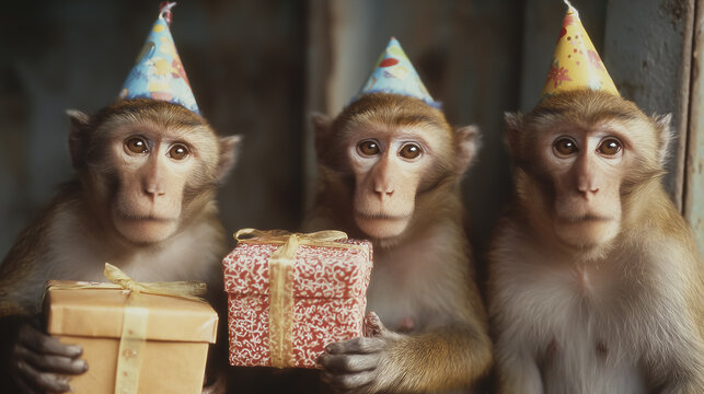 Three monkeys wearing party hats holding birthday gifts