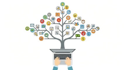 Hands typing on laptop with tree of icons above on white background showing growth concept idea - Powered by Adobe