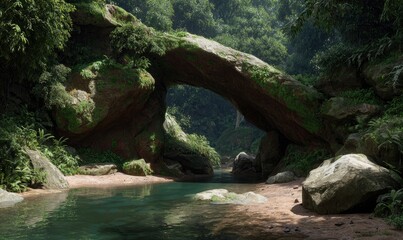 Lush archway over a tranquil stream