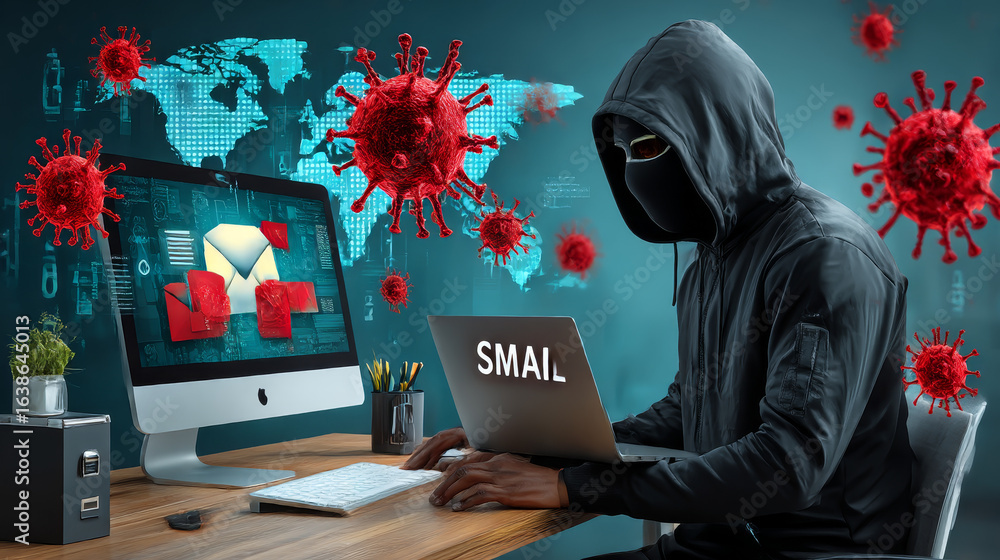 Poster email security and virus spam alert in email. fake text email scam.scammers online.cyber scam. spam 