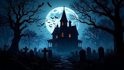 Haunted house under a full moon