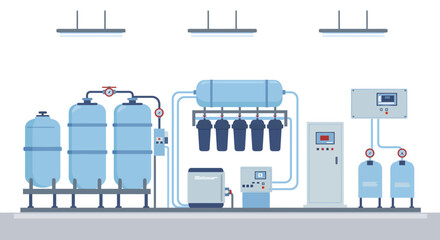 Illustration of a sophisticated water treatment and filtration plant featuring multiple large tanks, interconnected pipes, and advanced control units.