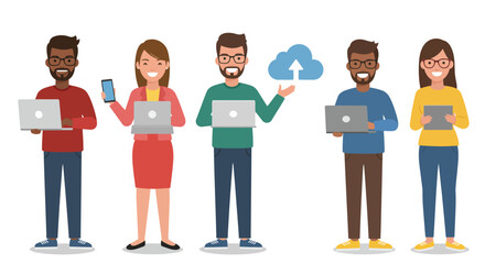 Fototapeta premium Five diverse people stand with laptops, tablets, and a smartphone, one gesturing towards a cloud icon, representing technology and teamwork.