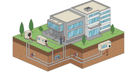 Isometric diagram of a building's geothermal heating and cooling system, showing underground pipes and equipment.
