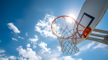 Basketball hoop under blue sky with clouds and sun shining through
