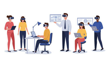 Diverse professionals engage with virtual reality headsets and laptops, analyzing data and collaborating in an immersive digital environment.
