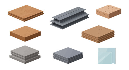 Isometric illustration of various construction materials, including wood, metal, concrete, and glass.