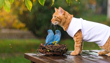Ginger cat with blue birds in the rain