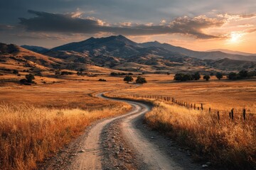 Winding dirt road through golden fields at sunset