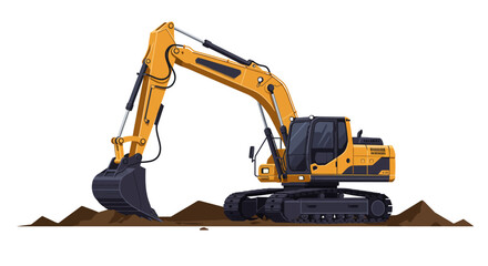 A yellow excavator positioned on a mound of earth, ready to dig.