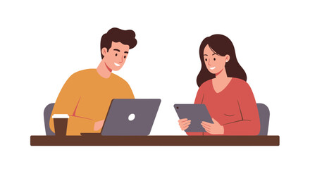 Fototapeta premium Two smiling young people, a man and a woman, engaged in digital work or study, using a laptop and a tablet at a desk.