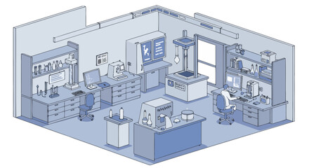 Isometric view of a modern laboratory interior, showcasing various scientific equipment and workstations.