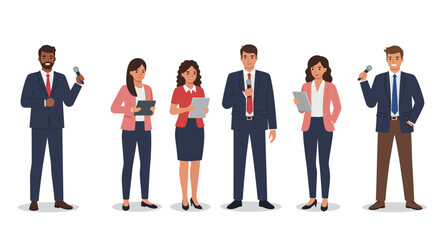 Obraz premium Diverse group of business professionals standing, holding devices, and dressed in formal attire.