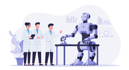 Obraz premium Three scientists observe a robot working at a table in a laboratory setting, with charts and equipment in the background.