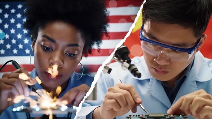 Woman soldering with american flag and asian man with chinese flag working on circuit board - Powered by Adobe