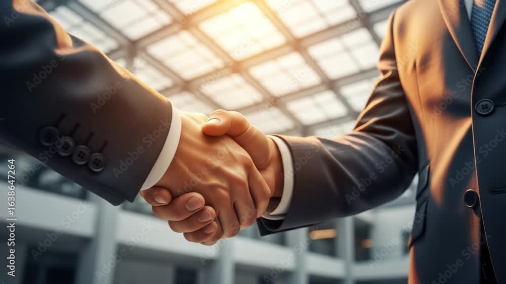 Poster close up of a handshake between two people in suits with bright light from the ceiling above them