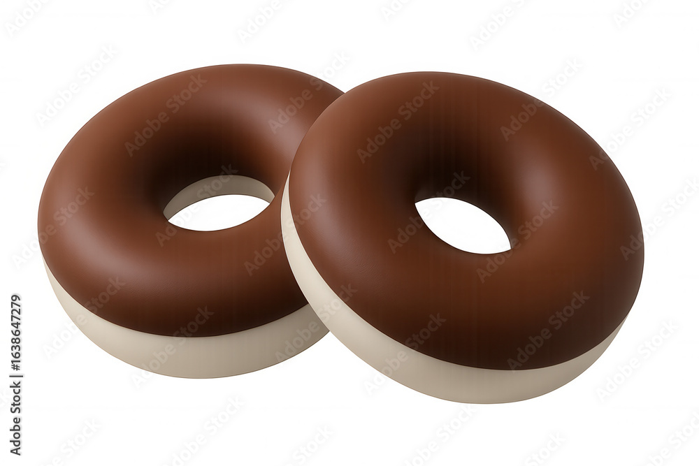 Poster 3d rendering of two delicious chocolate frosted donuts rotating on a transparent background, perfect