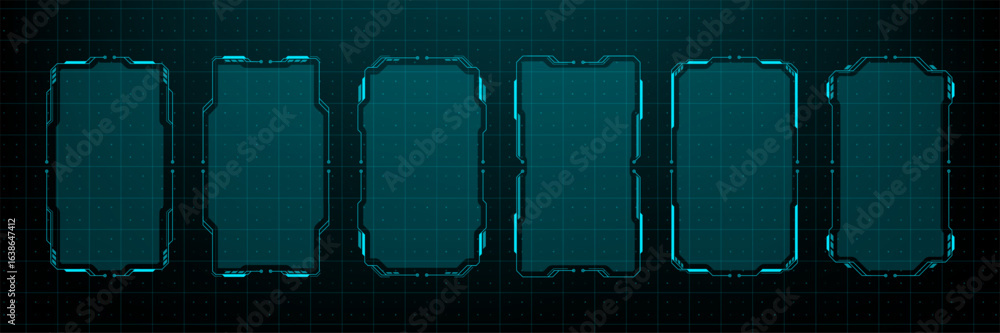 Poster set of blue gui frames, futuristic hud design elements for user interface. technology modern digital