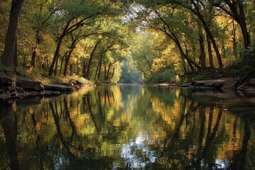 Serene autumnal river, mirrored trees