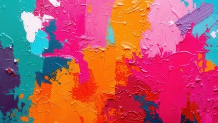 Fototapeta premium Chromatic Canvas: A vibrant, close-up view showcases a textured oil painting, bursting with a symphony of colors and expressive brushstrokes, capturing the essence of creative energy.