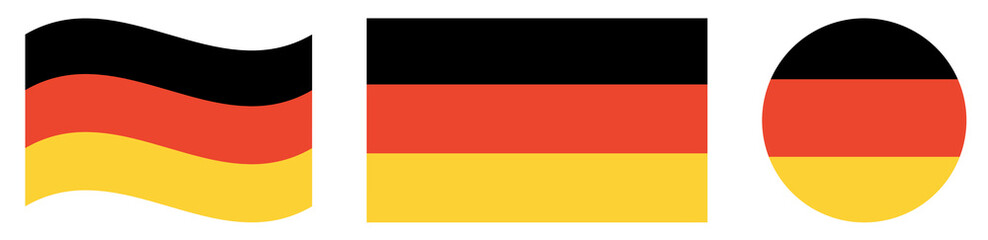 Collection of German flags isolated. Round flag of Germany isolated in circle shape. Waving flag of Germany.