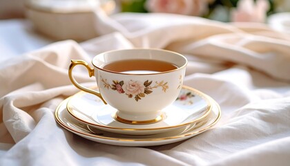 Fototapeta premium Floral Teacup on Linen Fabric.