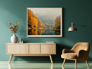 Scenic landscape art is a key element in modern home decor, contributing to a minimalist environment in living room interior design with an eye-level view that captures the essence of nature-inspired