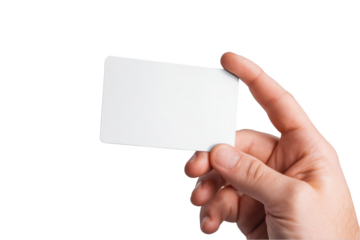Hand holding a blank white card isolated on black background for mockup