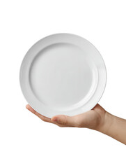 Hand holding a white plate isolated on transparent background