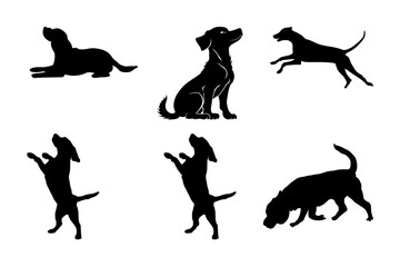 Collection of six black dog silhouettes in various playful poses
