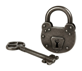 Unlocking secrets vintage key and padlock still life studio setting security concept. Cut out png