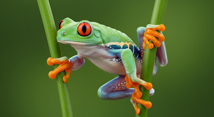 Obraz premium Red-eyed tree frog perched between plant stems against a natural green background.