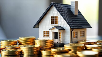 House and Money: A small model house sits amidst a pile of gold coins, symbolizing the dream of homeownership, investments, property and wealth. - Powered by Adobe