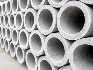Stack of large cylindrical concrete pipes, stored outdoors, ready for construction.