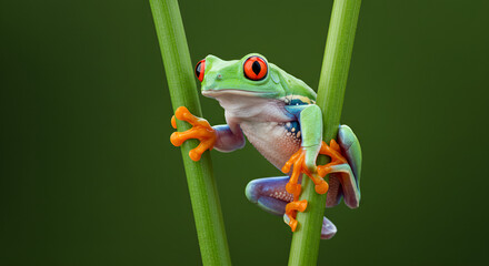 Obraz premium Red-eyed tree frog perched between plant stems against a natural green background.