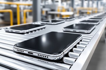 Fototapeta premium New mobile devices move along the assembly line, ready for packaging and distribution, in a modern factory.