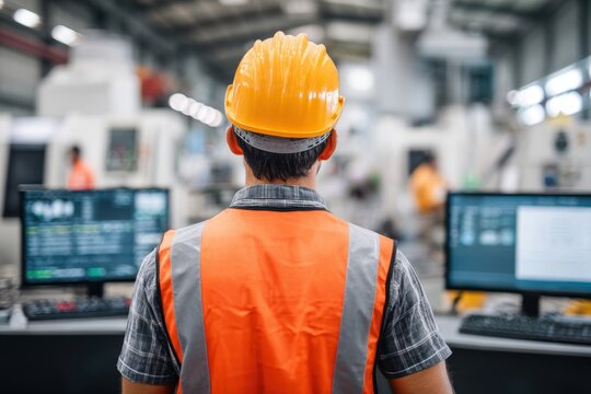 An engineer with a yellow hard hat and a high-visibility vest monitors data on computer screens in a bustling factory setting, showing the back of the worker.