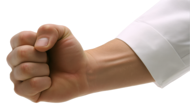 Clenched fist isolated on transparent background wearing a white shirt sleeve