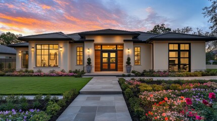 Beige single-story home with dark shingled roof, wood-accented entry, double doors, floral yard, and twilight background.