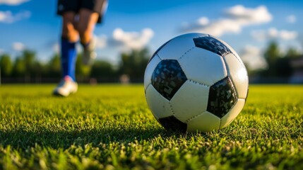 Close-up of soccer ball on grass with cleats preparing to kick