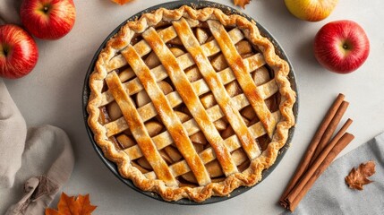 Flat lay of homemade apple pie with lattice crust and cinnamon sticks, fall dessert