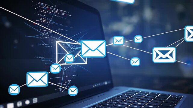Digital Mail Journey: A laptop screen radiates a dynamic flow of digital envelopes, with glowing lines tracing their path amidst a blurred background.