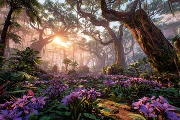 Lush, sunlit rainforest clearing