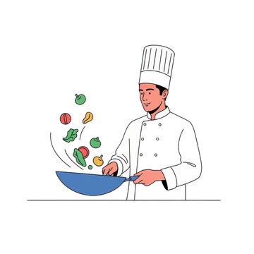 chef tossing vegetables in blue wok clip art preview