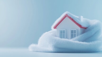 A compact house shrouded in a soft fuzzy blanket against a calming blue background, denoting warmth, protection, and comfort, reflecting the principle of home security and care