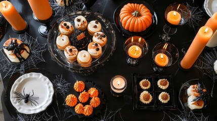 Top-down shot of Halloween-themed dessert table with elegant black and orange treats and candles