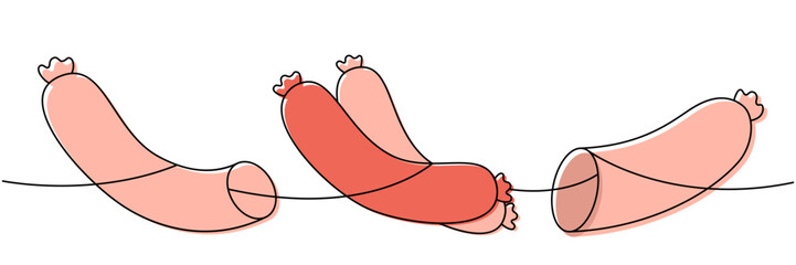 Frankfurters sausages, fresh pork sausages one line colored continuous drawing. Butcher shop meat. Vector illustration