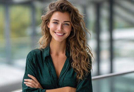 A photograph of a happy woman in her late thirties with curly brown hair, wearing a dark green blouse, standing and smiling at the camera with her arms crossed on her chest - Powered by Adobe