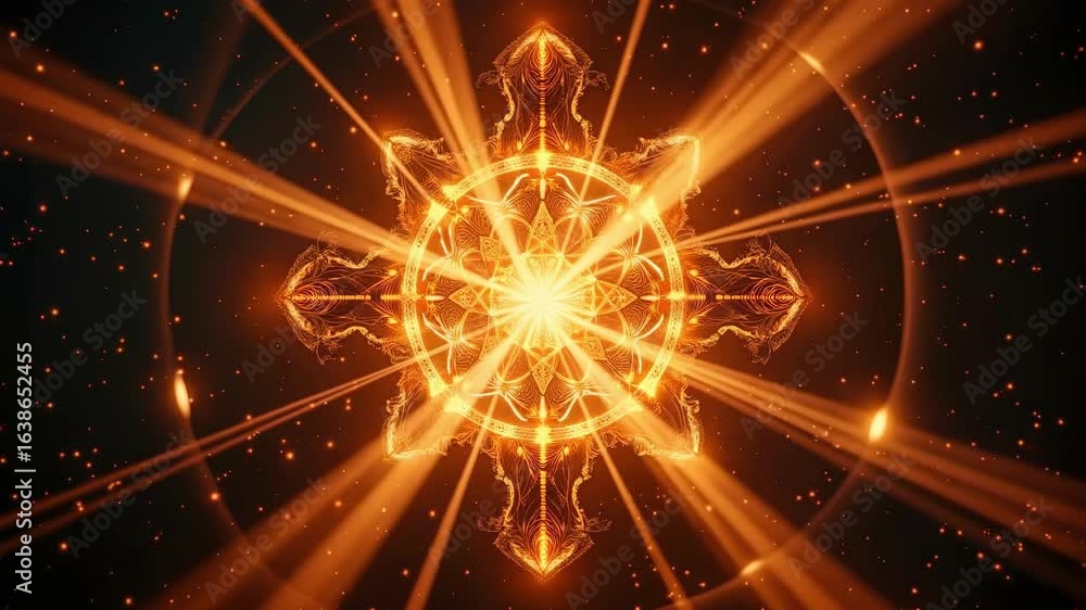 Poster mesmerizing golden mandala radiates energy with luminous rays and sparkling particles in a dynamic c